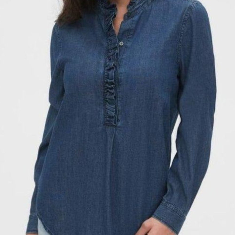 Gap Denim Long Sleeve Ruffle Trim Blouse - Large